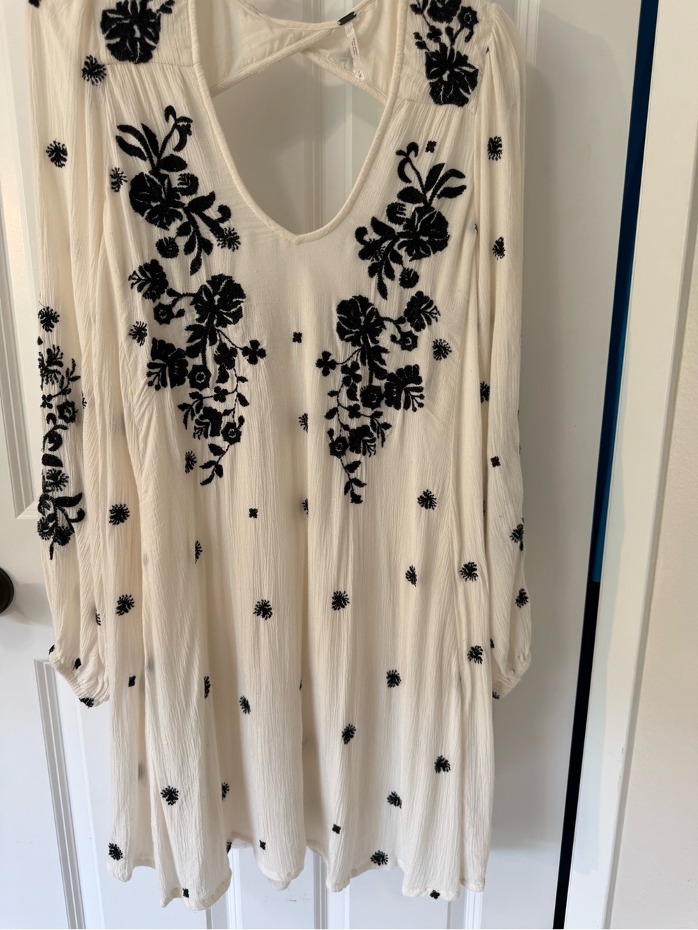 Free People Cream Tunic Dress with Black Floral Embroidery